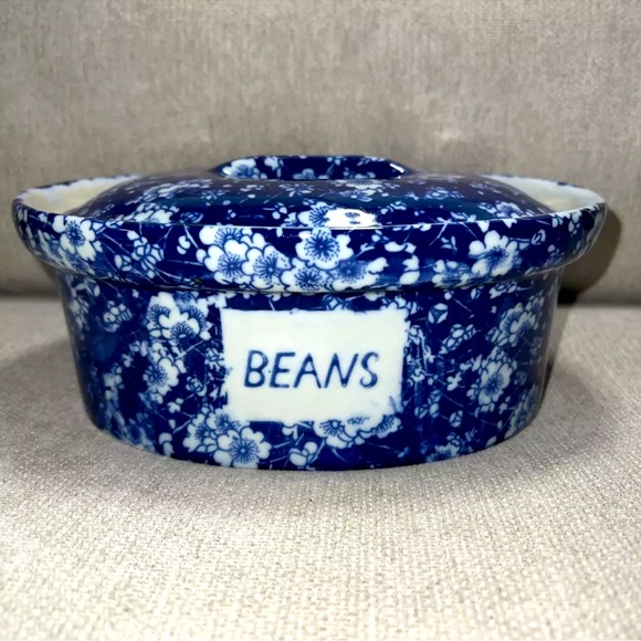 RARE  Victoria Ware Ironstone Blue & White Floral Transferware Bean Pot W/ Lid - Picture 1 of 8